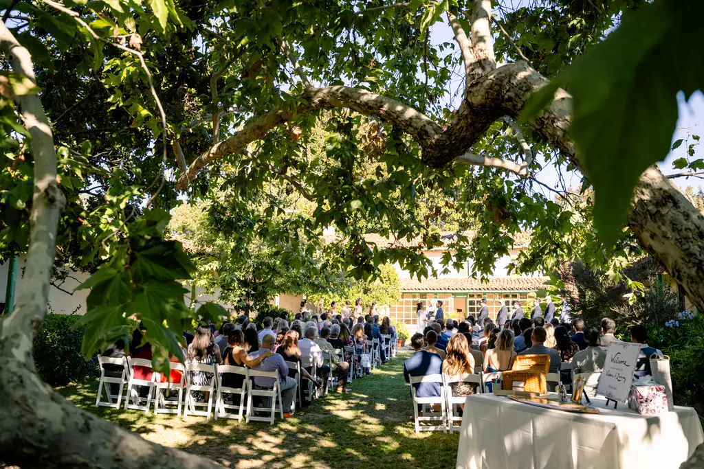 Outdoor wedding ceremony under large tree canopy