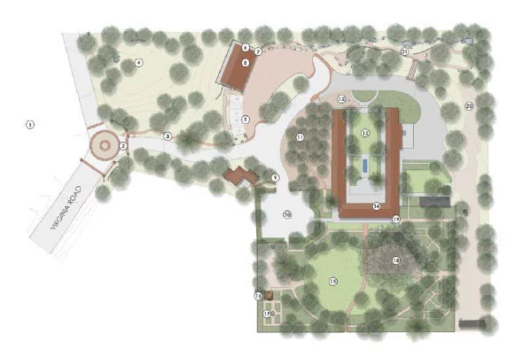 Garden landscape design with pathways and greenery layout.