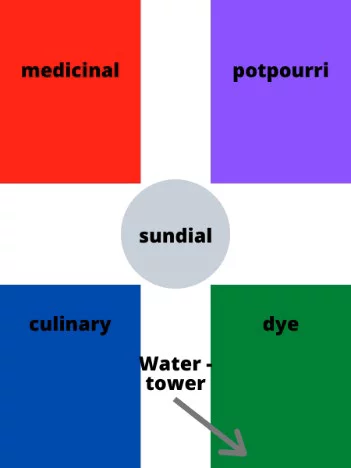 Sundial surrounded by medicinal, potpourri, culinary, dye sections.