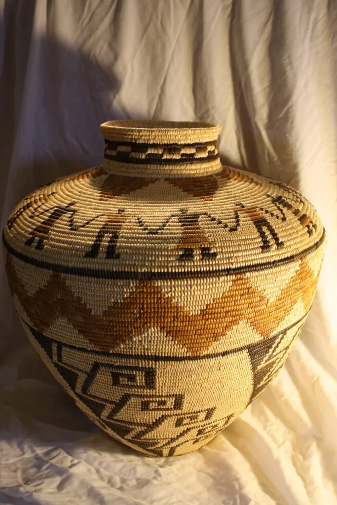 Handwoven basket with geometric patterns